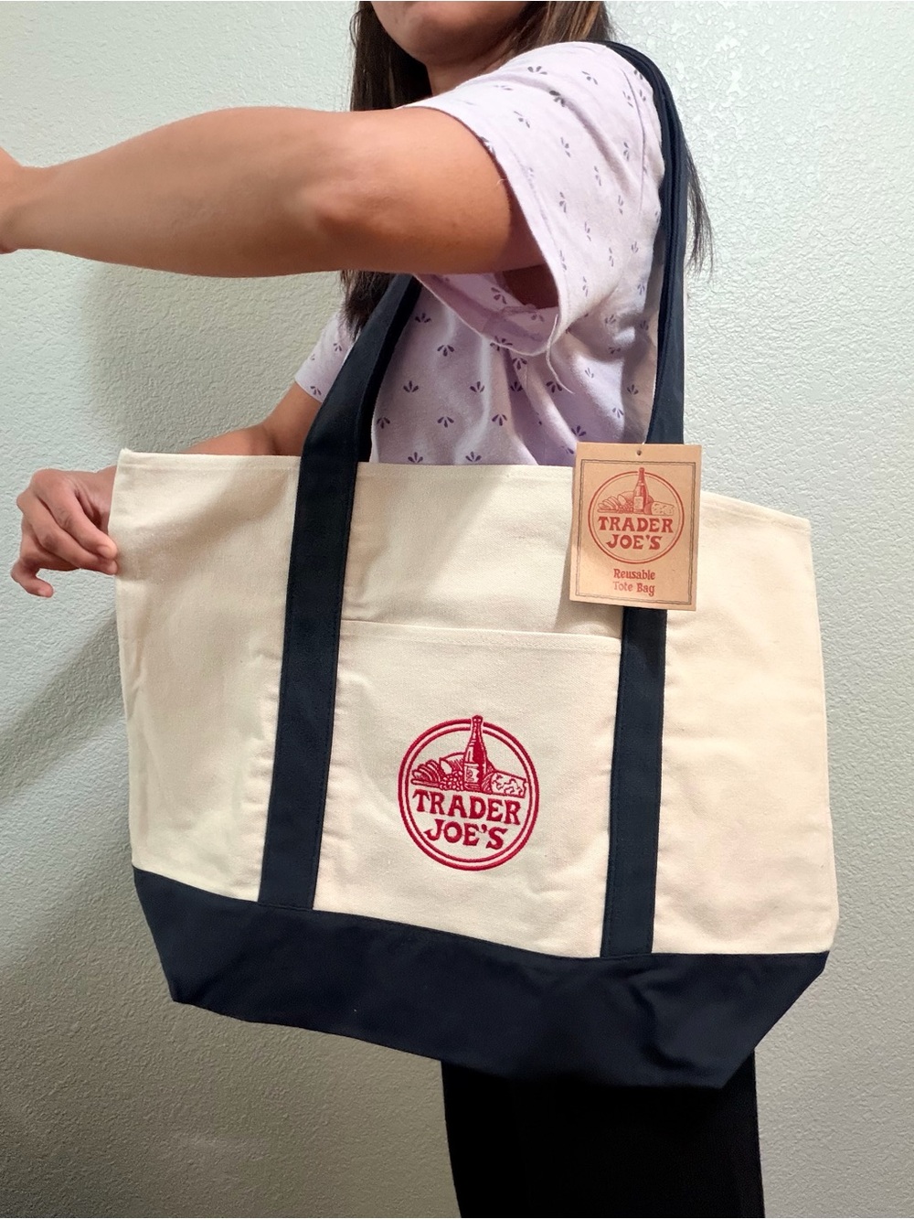 Trader Joe's Cream and Black Canvas Tote with Logo (Large) - Picture 2 of 8
